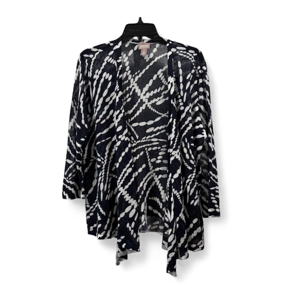 Chico's Navy Dotted Stripe Open Cardigan Size 2 (US L)